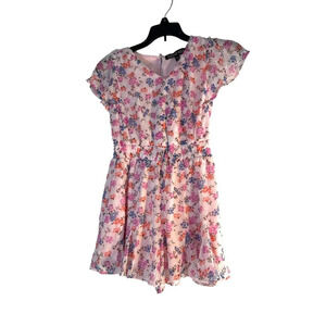 Trixxi Girl Romper Pink Multicolored Floral Lined Button Back Elastic Waist Bow